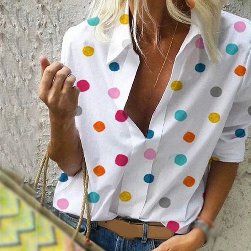 Туника в горошек женская одежда летние топы рубашка свободная с принтом длинным