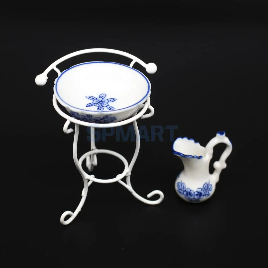 

1/12 Scale Dollhouse Miniature Mini Water Pot Washbasin and Rack Set Dolls Room Furniture Decoration
