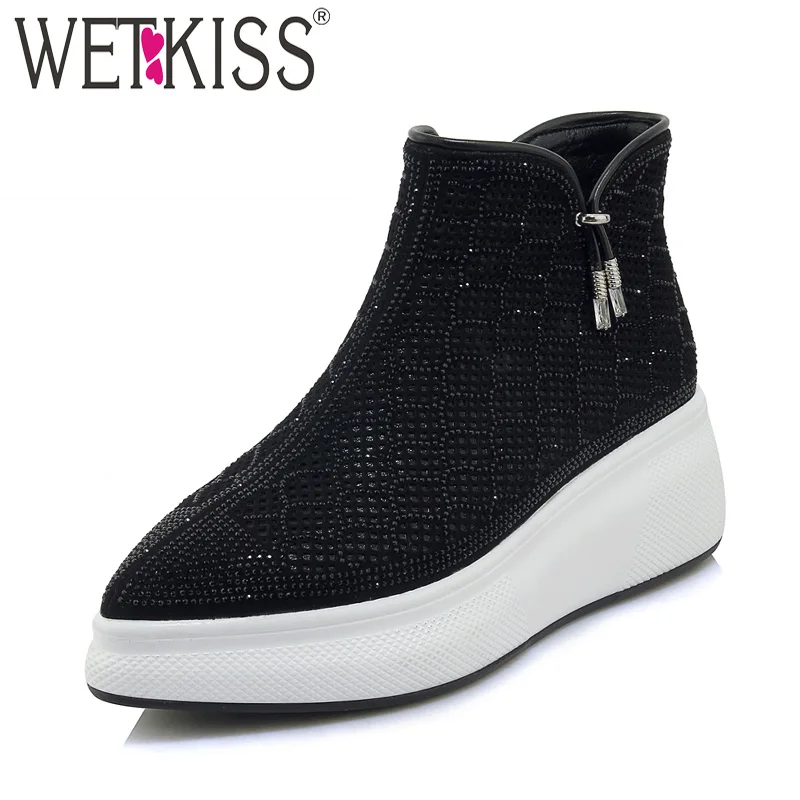 

WETKISS Autumn Crystal Women Ankle Boots Zip Pointed Toe Flat With Footwear Platform Female Boot Fashion Casual Shoes Woman 2018