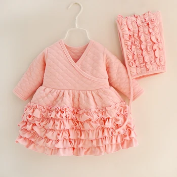 

New Born Girls Clothing Sets Cotton Ruffles Dresses+Hat 2pcs/Set Baby Girl Thicken Dress Birthday Party Clothes Princess Costume