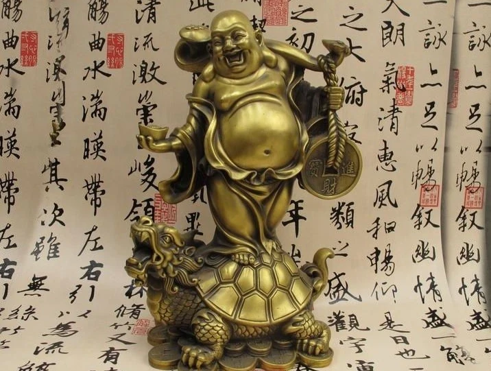 

China Buddhism Pure Bronze Copper Ruyi Yuanbao Maitreya Buddha On Dragon Turtle a5.19