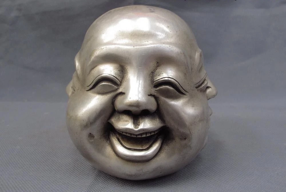 

Chinese Folk White Copper Silver Four faces Emotions Maitreya Lohan monk Statue