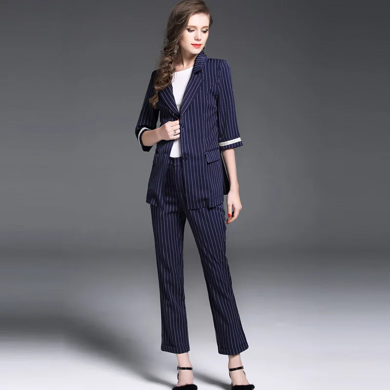 MYCOURSE 2017 New Autumn and Winter Fashion Women's Costumes Plaid Blazer With Striped Pencil Pants Set Female Office Suit Set