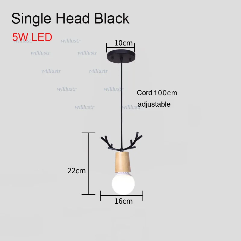 Деревянный светодиодный подвесной светильник с железными рогами для кафе, бара, ресторана, отдыха, пекарни, кухни, столовой, головы оленя, подвесной светильник в стиле арт-деко - Цвет корпуса: Single Head Black