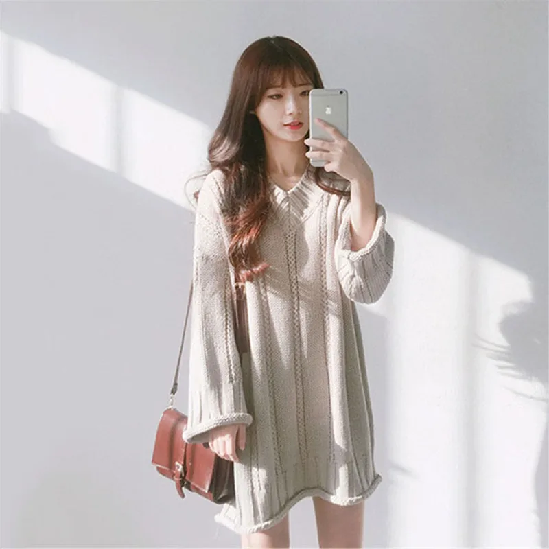 Spring Autumn Female Sweater 2019 New V-neck Pullover Fashion Korean Loose Long Coats Winter Women Tops X814 | Женская одежда