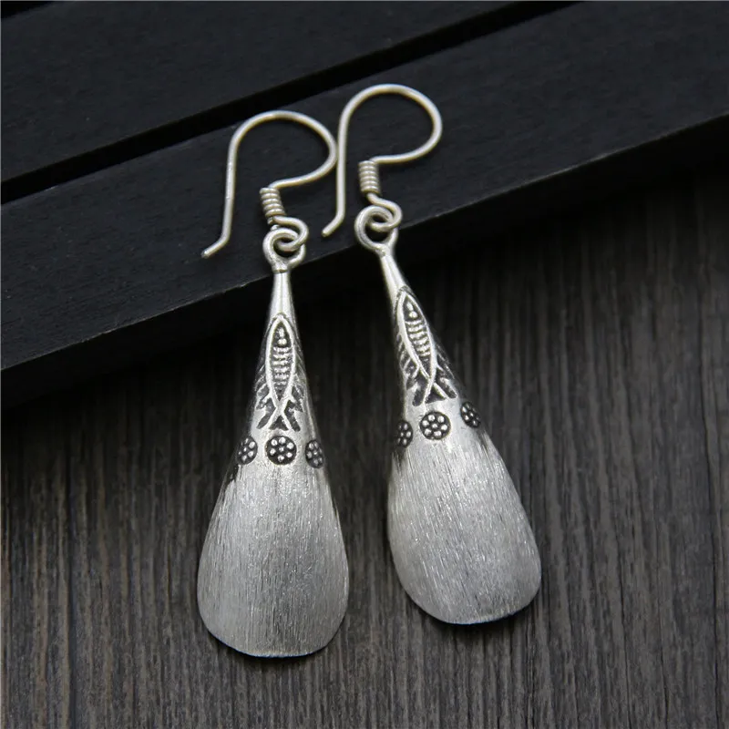 

Thai Style Silver Earrings Carved Pattern Vintage Ethnic Style Brushed Small Fish Earrings 925 Sterling Silver Women Jewelry