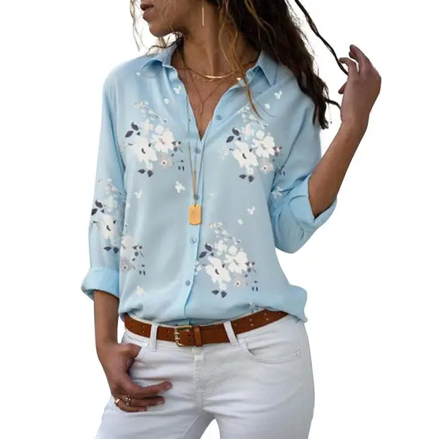 Long Sleeve Women Blouses 2021 Plus Size Turn-down Collar Blouse Shirt Casual Tops Elegant Work Wear Chiffon Shirts 5XL sky blue