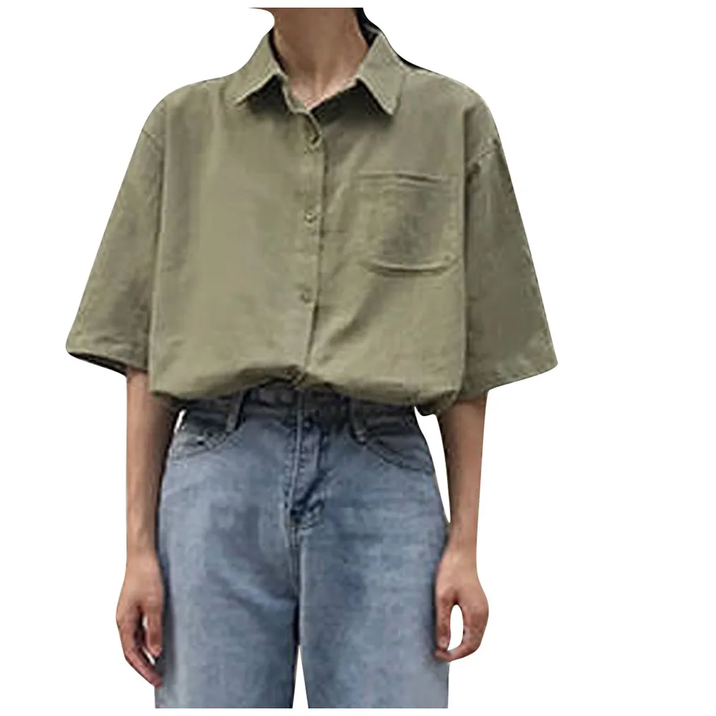 

Women Leisure Lapel Tops Blouse Casual Pure Solid Short Sleeve Blusas Office Lady Turn Down Collar Pocket Formal Loose Shirts