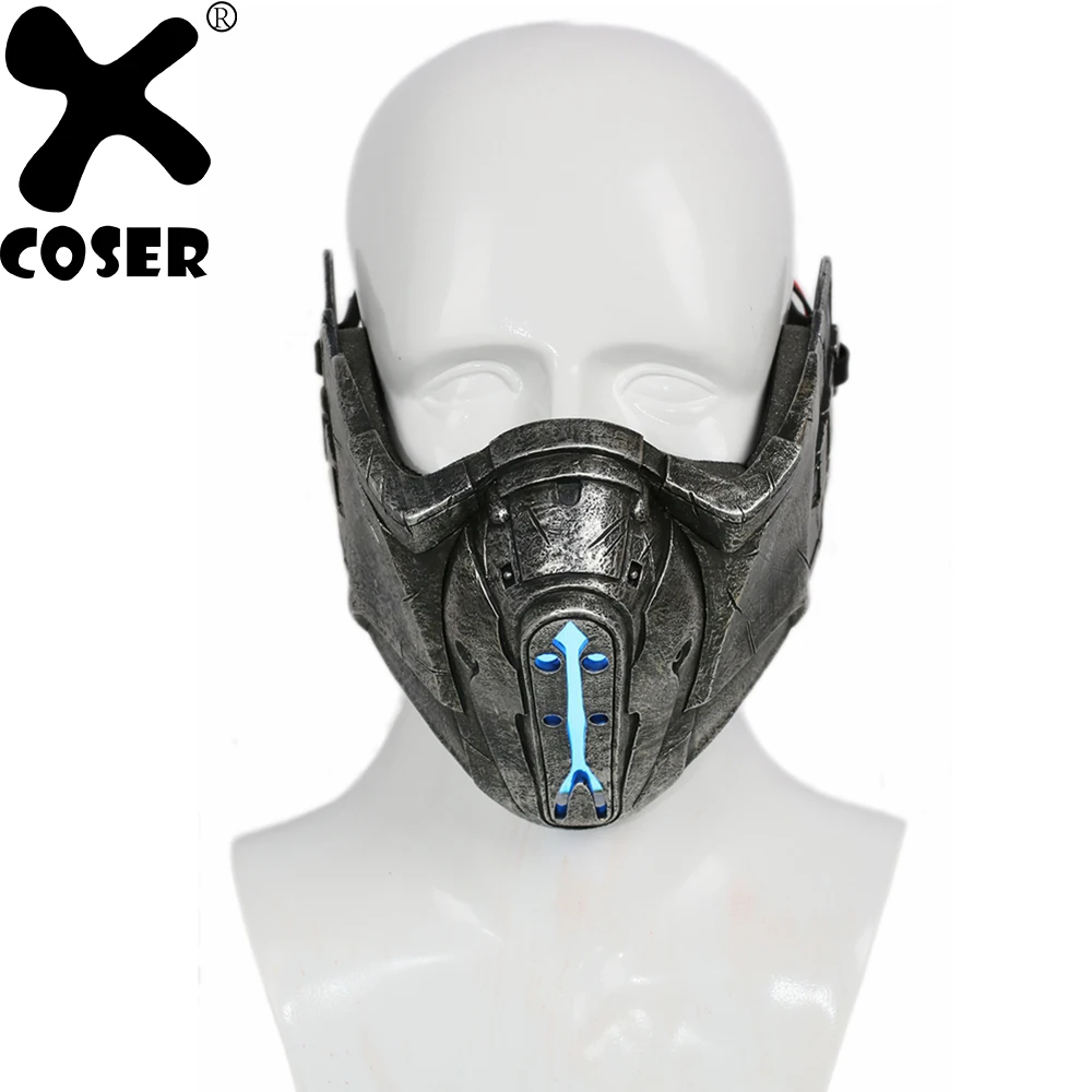 

XCOSER Sub Zero Mask Mortal Kombat Game Cosplay Props Gray Resin Half Face Mask Costumes Accessories Mask With Blue Light