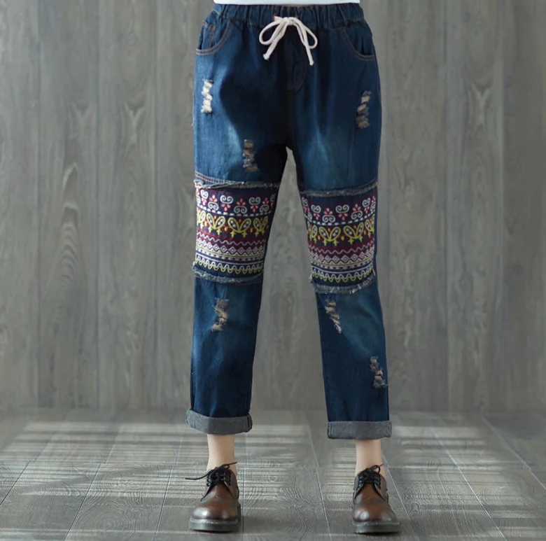 Harajuku Повседневное Винтаж Ретро Этническая Народная вышивка свободные упругие талии джинсы синие джинсы шаровары дамы Pantolon брюки