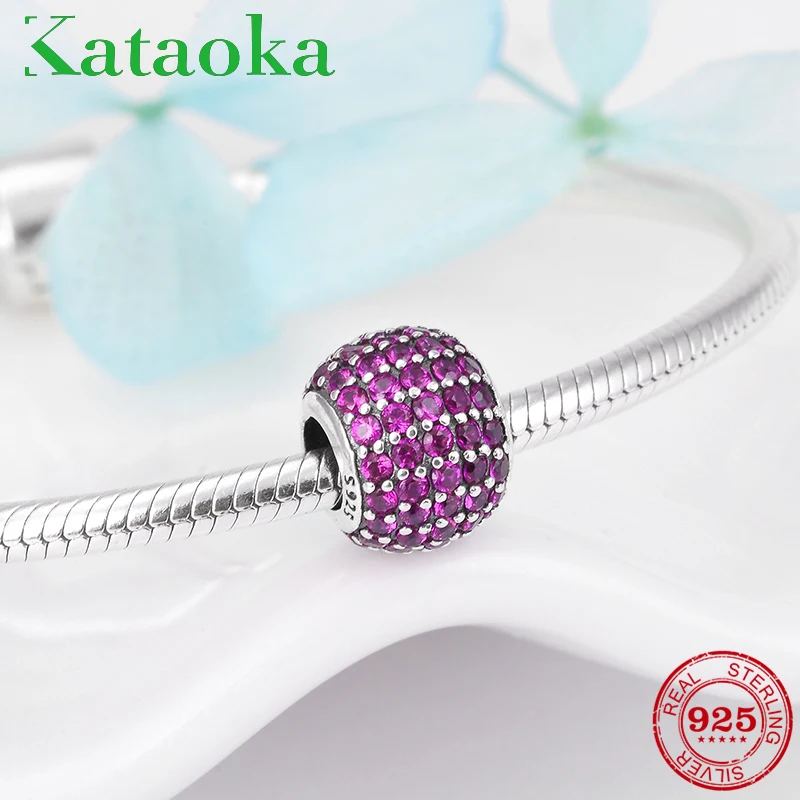 

Authentic 925 Sterling Silver Round Shape Pink Zircon Beads Fit Original Pandora DIY Charms Bracelet Jewelry making 2018
