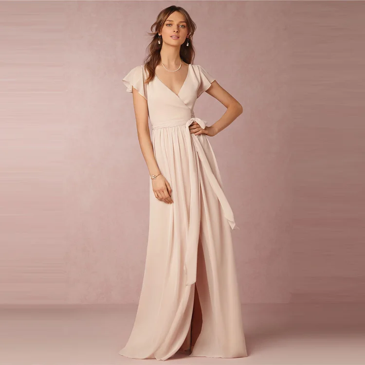 Ivory Chiffon V Neck Long Bridesmaid Dress Floor Length Custom Size Junior Girl Wedding Party