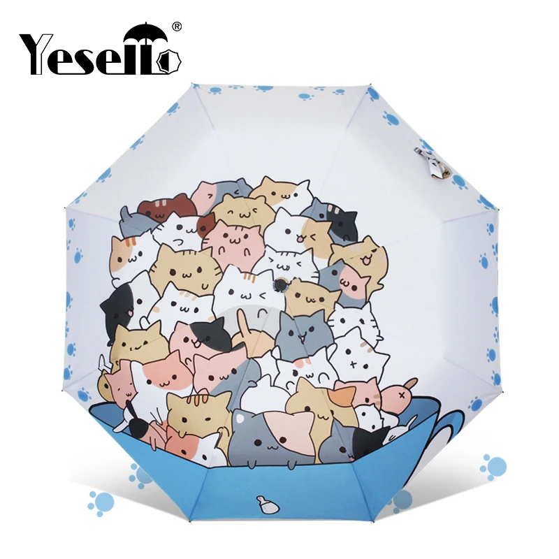 

Yesello Cartoon Cat Printing Umbrella Rain Women Waterproof Men Sun Parasol Convenient Girl Cute Cat White Fold Pencil Umbrellas
