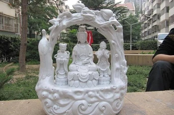 

Chinese Folk Fane White porcelain Boy & girl peach Kwan-Yin Bodhisattva Statue