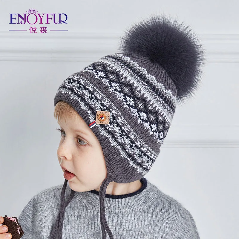 Теплая вязаная шапка для мальчиков ENJOYFUR, детская плотная хлопковая шапка-ушанка с геометрическим узором и помпоном из натурального лисьего меха, для зимы - Цвет: 03F