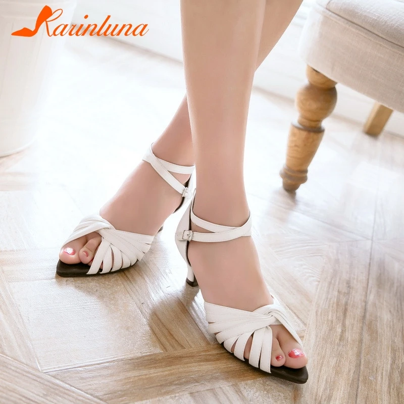 

KARINLUNA Brand New Plus Size 28-52 Ankle Strap Med Heels Shoes Woman 2019 Casual Party Office Sweet Popular Summer Sandals