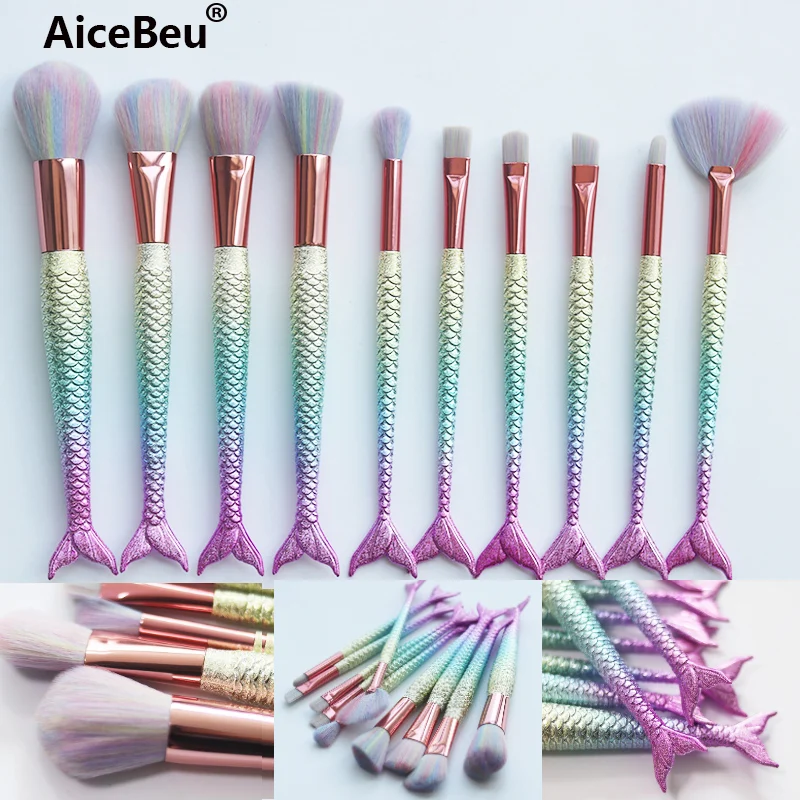 

AiceBeu 10pcs Big Mermaid Makeup Brushes Set Foundation Blending Powder Eyeshadow Contour Concealer Blush Beauty Make Up Tool