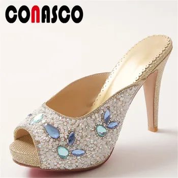 

CONASCO New Arrival Women Gladiator Sandals Peep Toe Sexy Party Prom Rhinestone Decoration Slippers Brand High Heels Shoes Woman