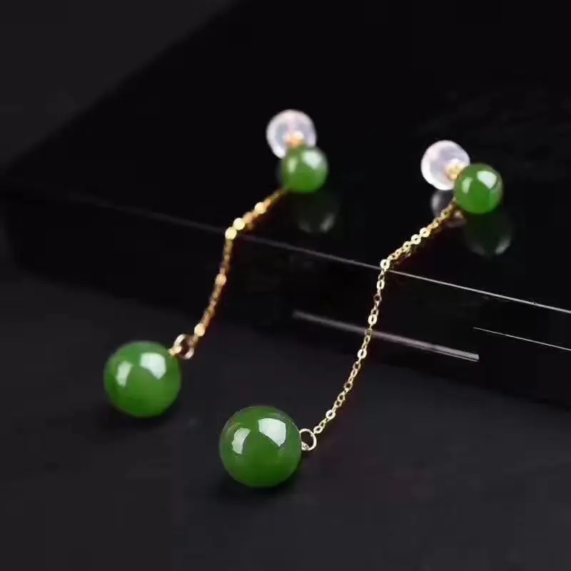 Fidelity natural 8 мм Высокое качество Hetian jasper 18 k желтое золото висячие серьги Элегантные Изысканные украшения womem натуральный зеленый драгоценный камень