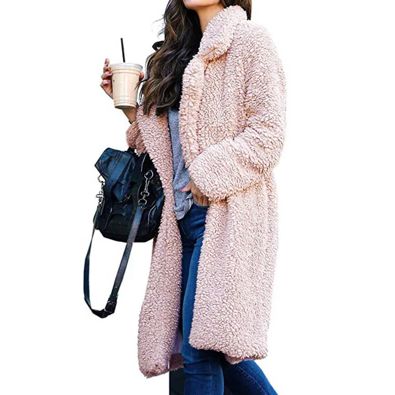 Пальто женское зимнее с длинным рукавом теплое с отворотом модное средней длины однотонное для зимы