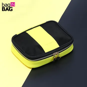 

Brand Black And Yellow Panelled Make Up Cosmetic Bag Quality PU Mesh Women Makeup Bag Organizer Storage Bag necessaire