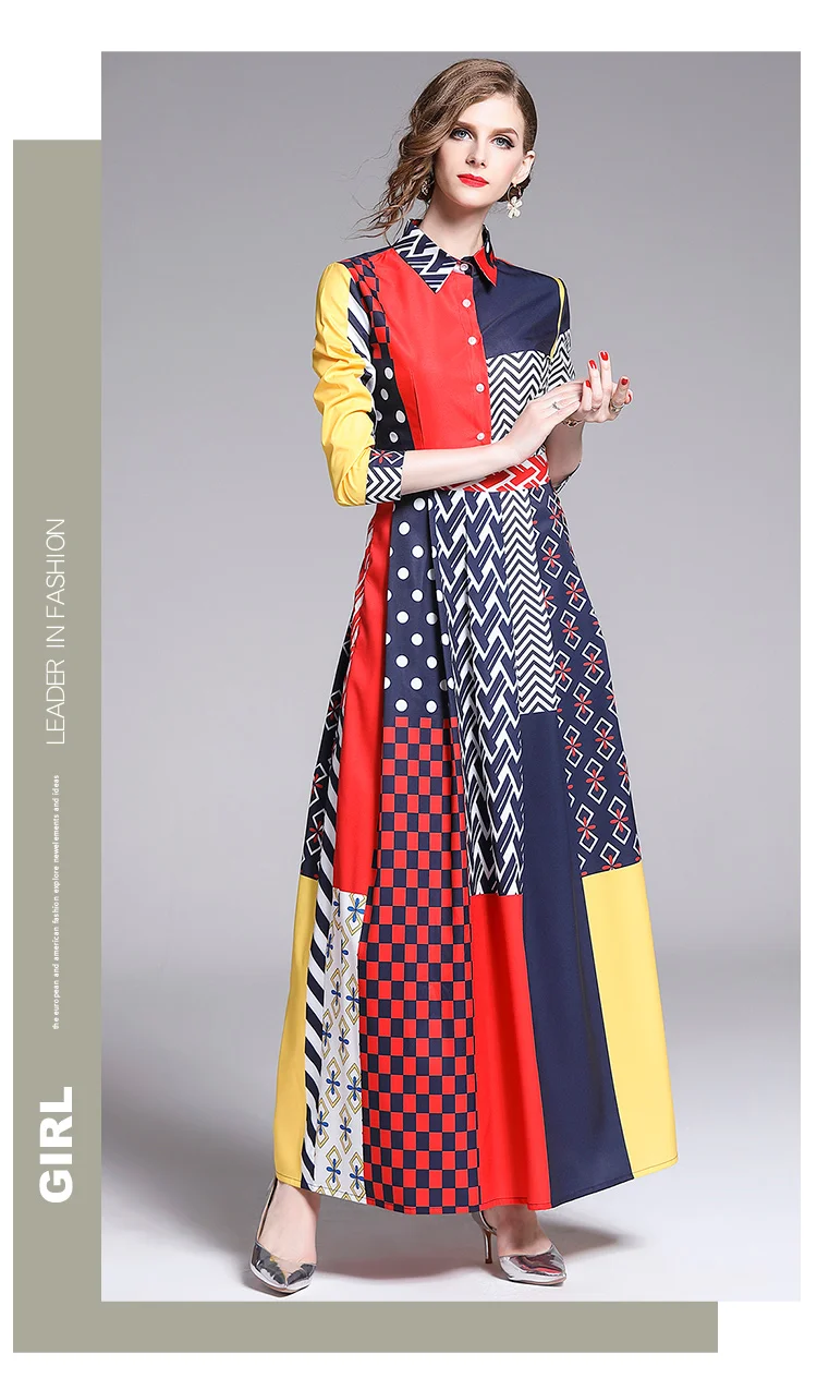 Autumn Winter Elegant Maxi Dress Women Vintage Contrast Color Geometry Pattern Printed Casual Turn-Down Collar Long Dress