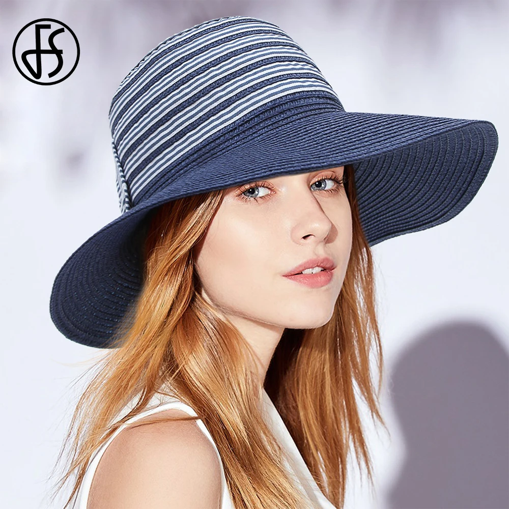 

FS New Elegant Bow Sun Hat For Women Wide Large Brim Bucket Straw Hats Blue Ladies Outdoor Summer Beach Cap With Big Heads