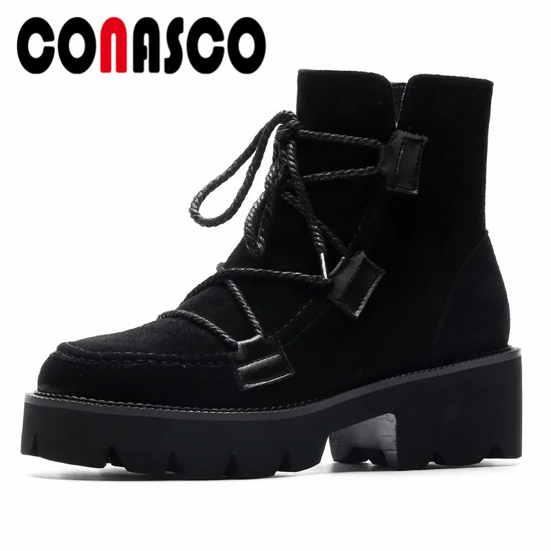 

CONASCO Punk Sexy Women Cow Suede Ankle Boots Thick High Heels Corss-tied Rock Night Club Party Shoes Woman Short Boots