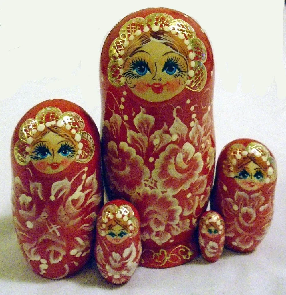 Red Matryoshka Babushka Wooden Russian Nesting Dolls with Flowers
