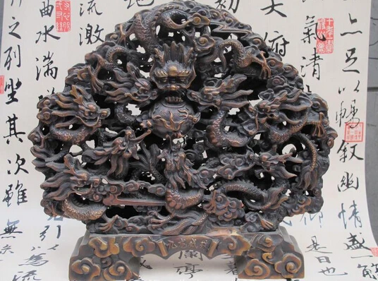 

wholesale factory China Royal Pure Bronze Copper nine Dragon play bead Wall Screen Palace Statue