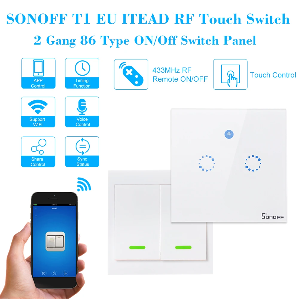 SONOFF T1 EU ITEAD, умный WiFi настенный светильник, 2 комплекта, 433 МГц, RF/APP/Touch, таймер управления для Google/Amazon, беспроводной Радиочастотный пульт