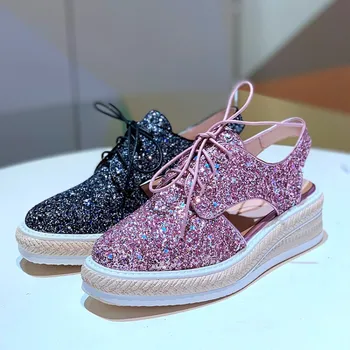 

GPOKHDS 2019 women sandals patent leather pink color slingbacks summer Blingbling increasing wedges sandals size 34-42