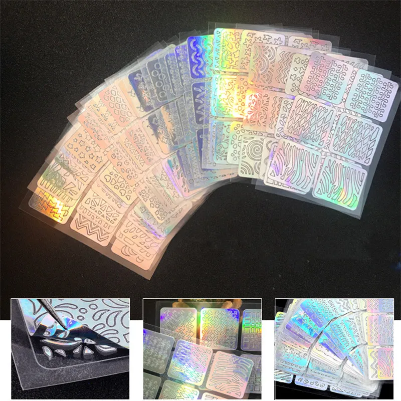 

Laser Nail Vinyls Hollow Irregular Grid Sticker 12/24 Sheets Nail Art Manicure Stencils DIY Craft Polish Stamping Tool