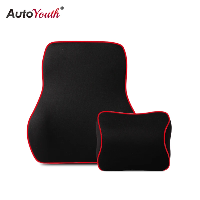 

AUTOYOUTH 2PCS Automobiles Lumbar Support Headrest Neck Pillow Kit Memory Cotton Waist Cushion Seat Support Universal Fit
