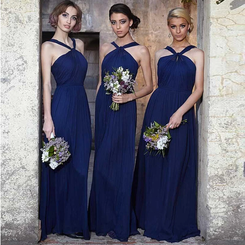 Maid Of Honor Dress Navy Blue Cheap Chiffon Sexy Bridesmaid Dresses Formal 2015 Junior Halter