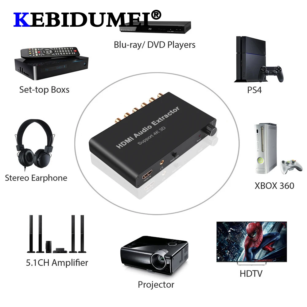

Kebidu HDMI Audio Extractor Decode Support 4K 3D 2.0CH Amplifier Analog Converter AC3/DST to 2.0 Coaxial to RCA for PS4 DVD