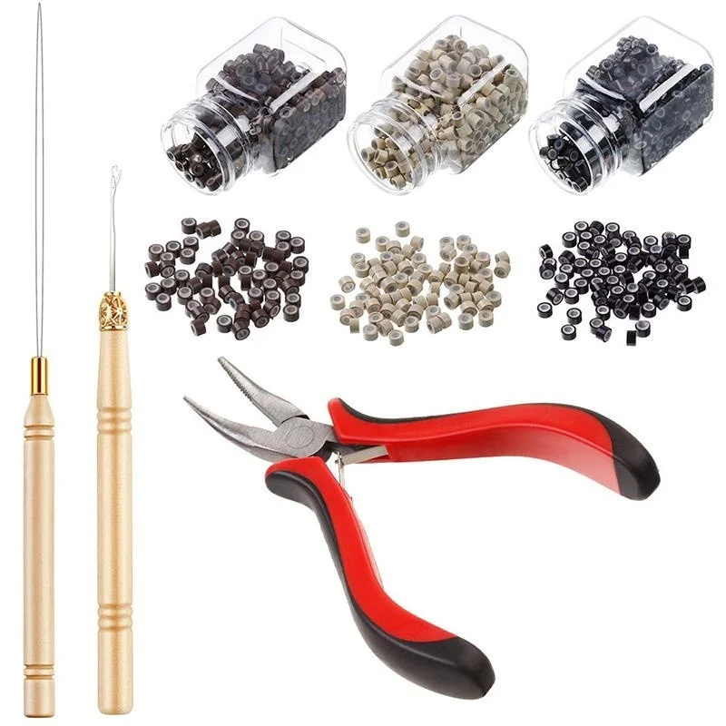 

Hair Extension Kit Pliers Pulling Hook Bead Device Tool Kits With 500pcs Silicone Lined Micro Rings