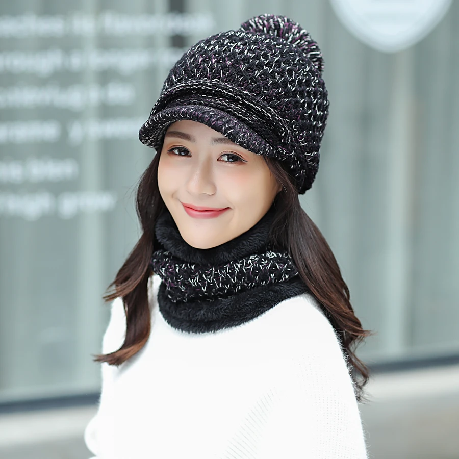 Новые зимние наборы шарф шапка для женщин Винтажная вязаная Дамская бейсболка для девушек уличная теплая шапка с помпоном Женские однотонные кольца шарфы