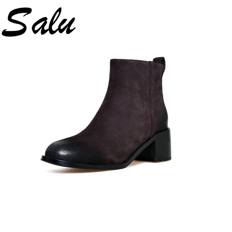 

Salu Cow Suede Leather Ankle Boots for Women Round Toe High Heels Zipper Ladies Shoes Woman Autumn Winter Motorcycle Boots