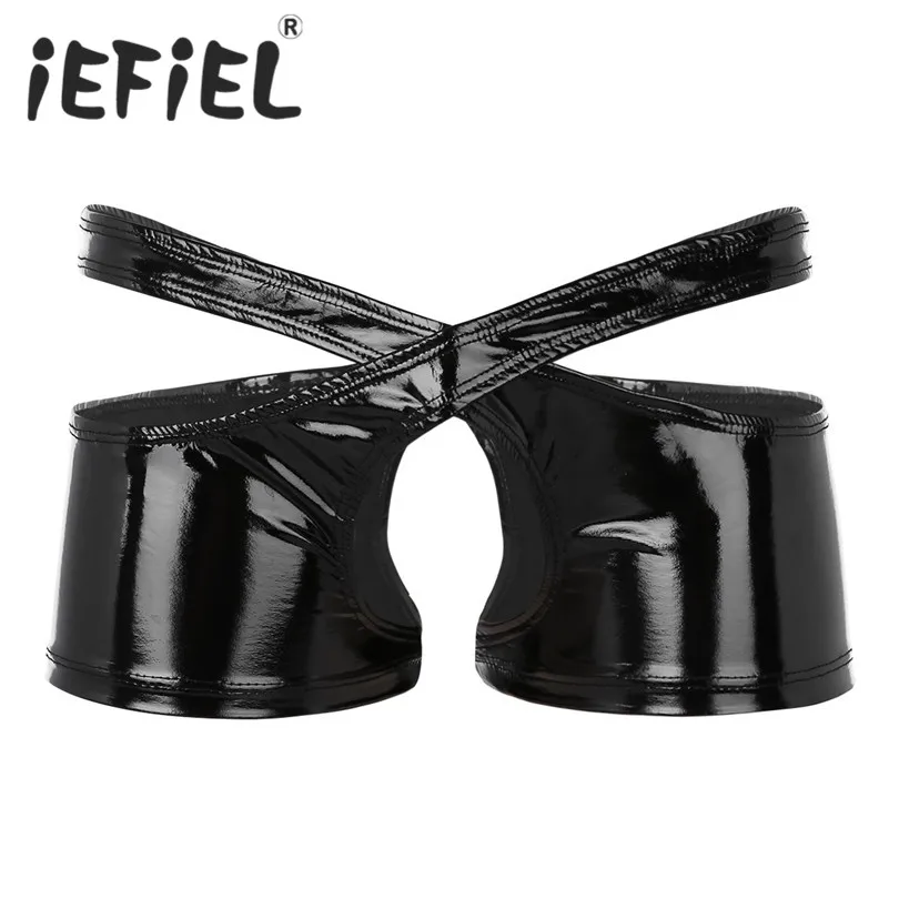 

New Arrival Sexy Mens Lingerie Wetlook Faux Leather Low Rise Open Crotch Two Symmetrical Halves Boxer Shorts Sissy Underwear