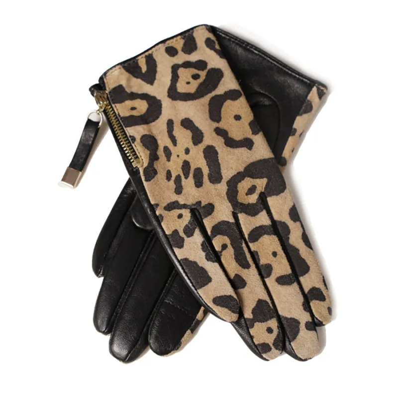 Genuine Leather Leopard Women Gloves Female Five Finger Touchscreen Sheepskin Suede Short Style Zipper Design Warm Lined TB09