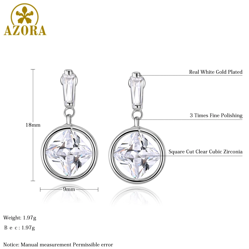 AZORA Silver Color Drop Earrings for Women Round Dangle Square Clear Zirconia Earrings Female Jewelry Limited Edition TE0339