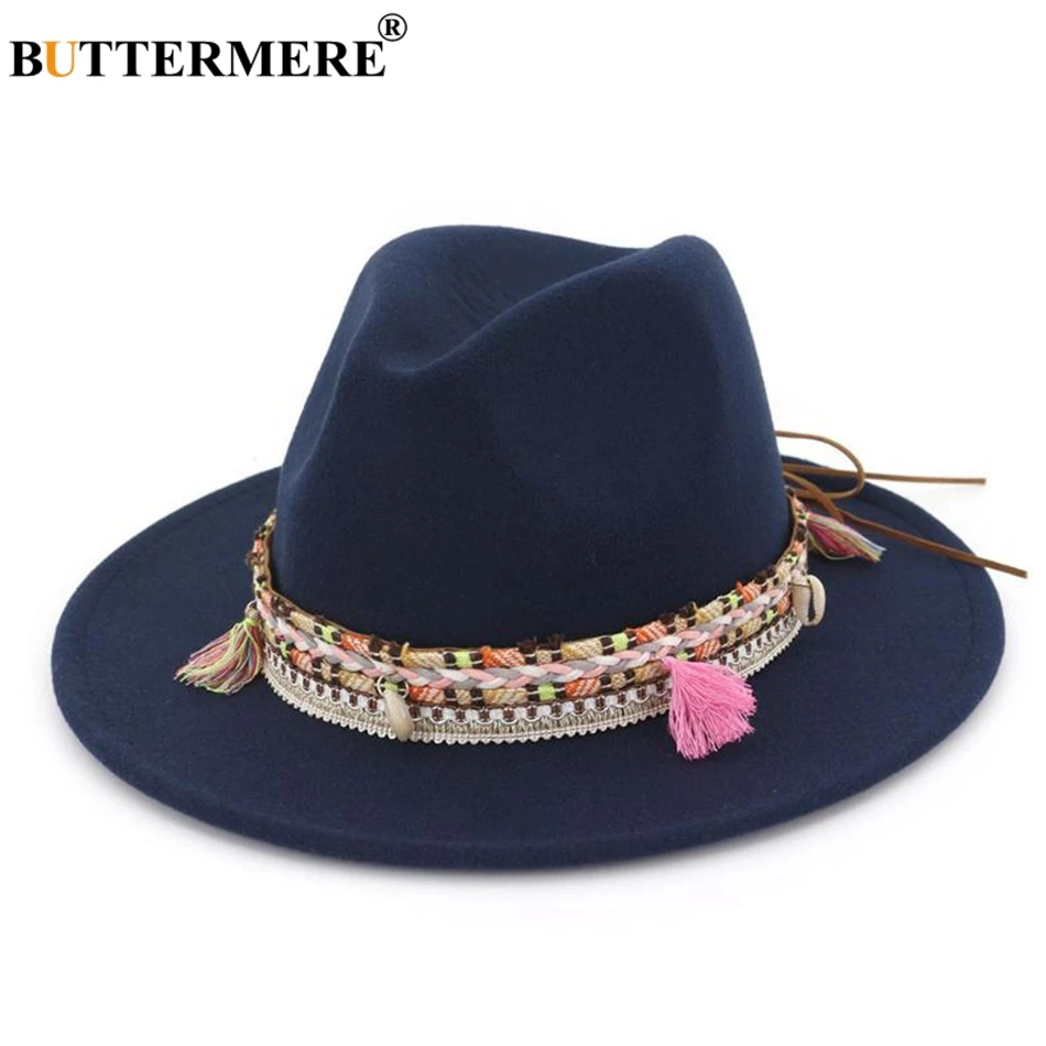 BUTTERMERE, Женская фетровая шляпа, шерсть, хаки, джазовые шляпы, женские, национальные, повседневные, с большими полями, винтажные, Осенние, классические фетровые шляпы и кепки - Цвет: navy blue hat