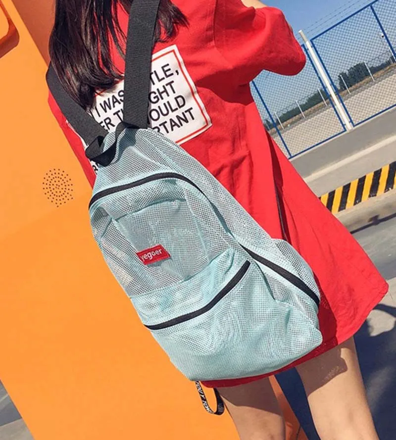 Яркий цвет, прозрачный сетчатый пляжный рюкзак на плечо для девочек-подростков, летняя складная сумка для хранения, женская сумка Tas XA565WD
