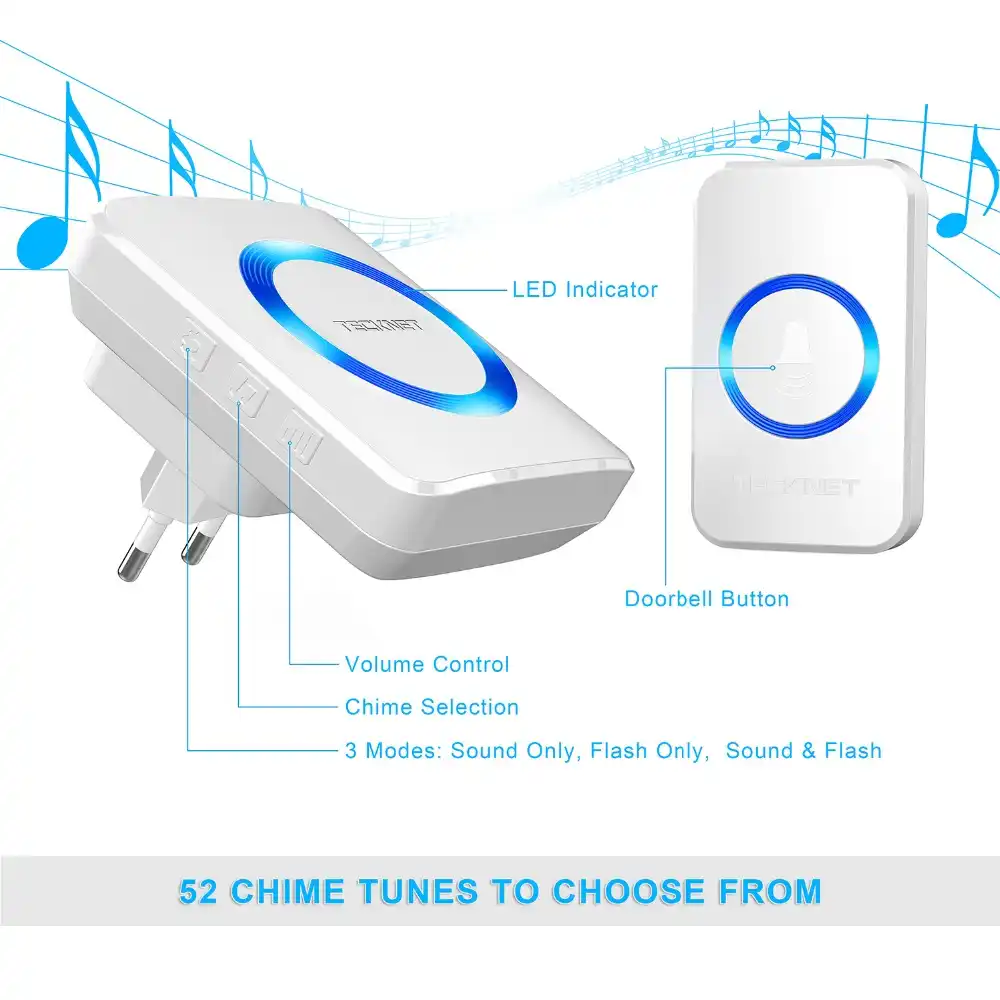 TECKNET Wireless Waterproof Door Bell UK Plug In Cordless Door Chime w// Battery