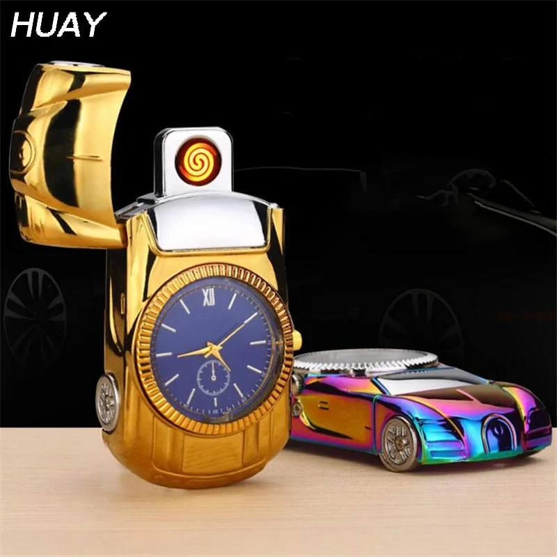 

Cigarette lighter Watch men creative Lighter Car model steel toys collection cool Flameless Watch USB Charging lighter Clock