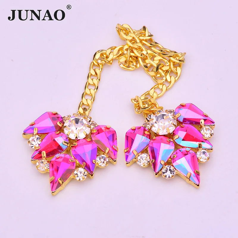 

JUNAO 2pcs 30mm Sew On Rose AB Glass Crystals Flower Rhinestone Chain Flatback Strass Applique Sewing Crystal Stones for Clothes