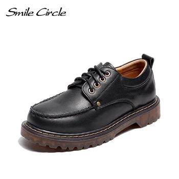 

Smile Circle Flats Shoes Women Genuine Leather Platform Oxford Shoes Autumn Comfortable Round Toe Lace-Up Casual Shoes