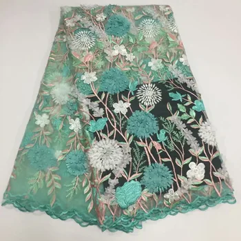 

African 3d Lace Fabric Green Multicolor 2019 high quality Nigerian Beaded lace fabric French Tulle Lace Fabric For Wedding Dress