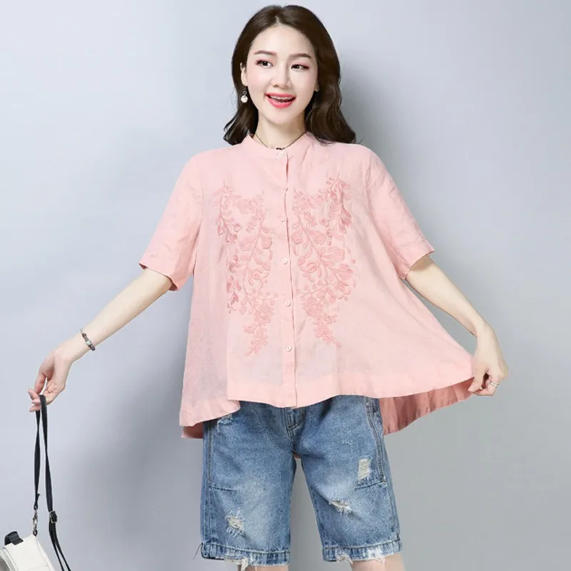 

2019 Plus Size Blouse Embroidered Floral Loose Stand Collar Embroidery Short Sleeve Single Breasted Top blusas mujer de moda